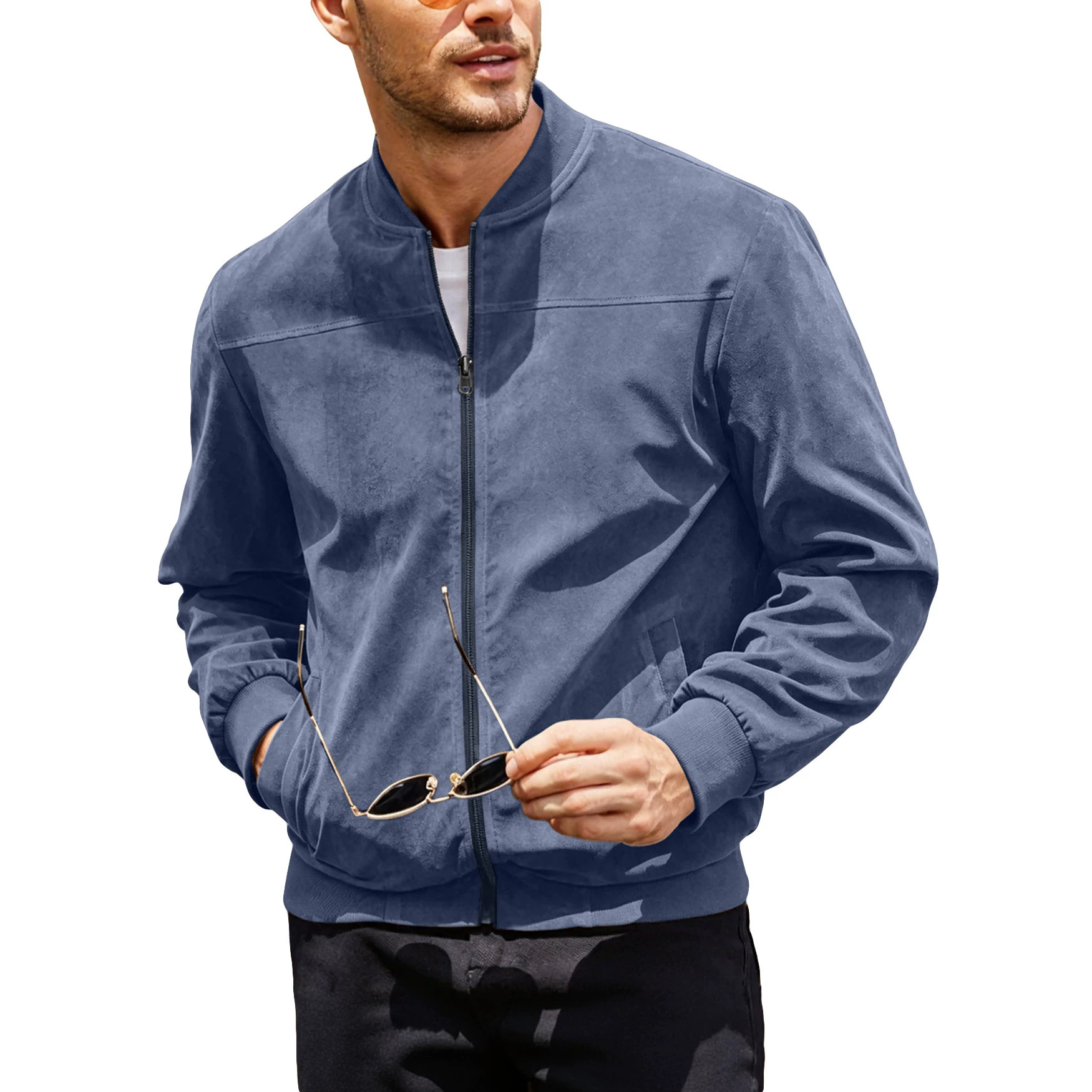 European And American Men's Suede Zipper Jacket With Solid Color Patchwork Design, Simple…