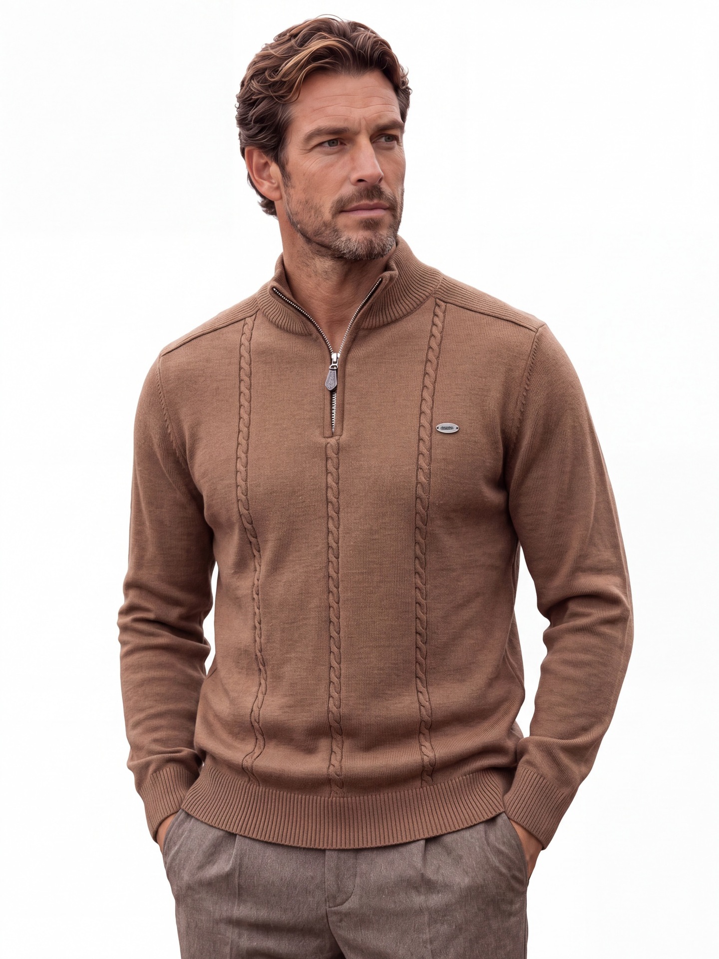Stand Collar Pure Cotton Men's Sweater, Casual Half-Zip Solid Color Pullover…