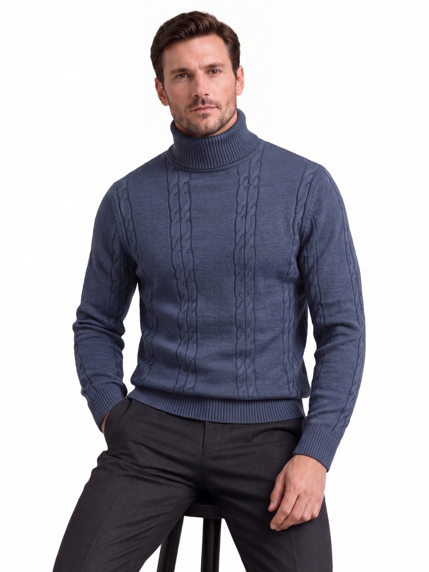 Autumn Winter Men's Solid Color Twisted Pattern Turtleneck Pullover Knit Sweater, Warm…