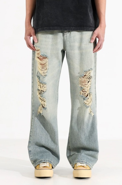 Heavy Ripped Jeans Men Light Wash Baggy Wide Leg Denim Pants Vintage Streetwear Ships…