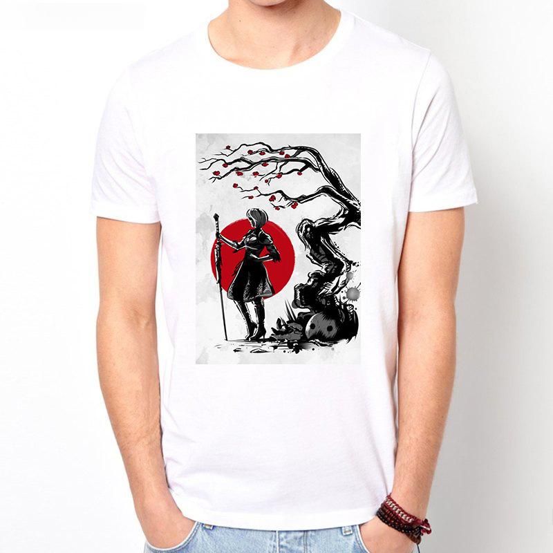 Cartoon Anime Japanese Samurai Harajuku Style White Men's T-shirt