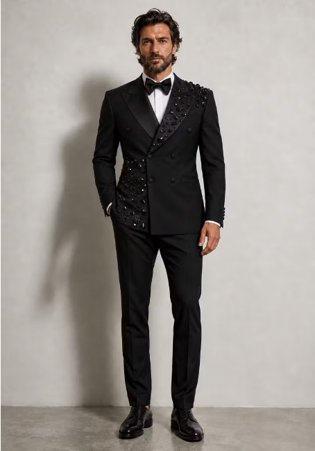 Men's Black Crystal-Embellished Asymmetric Tuxedo Suit Set