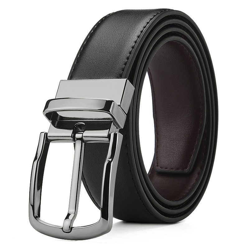 Men's Genuine Leather Belt Business Rotating Pin Buckle Two-Layer Cowhide Belt Black…