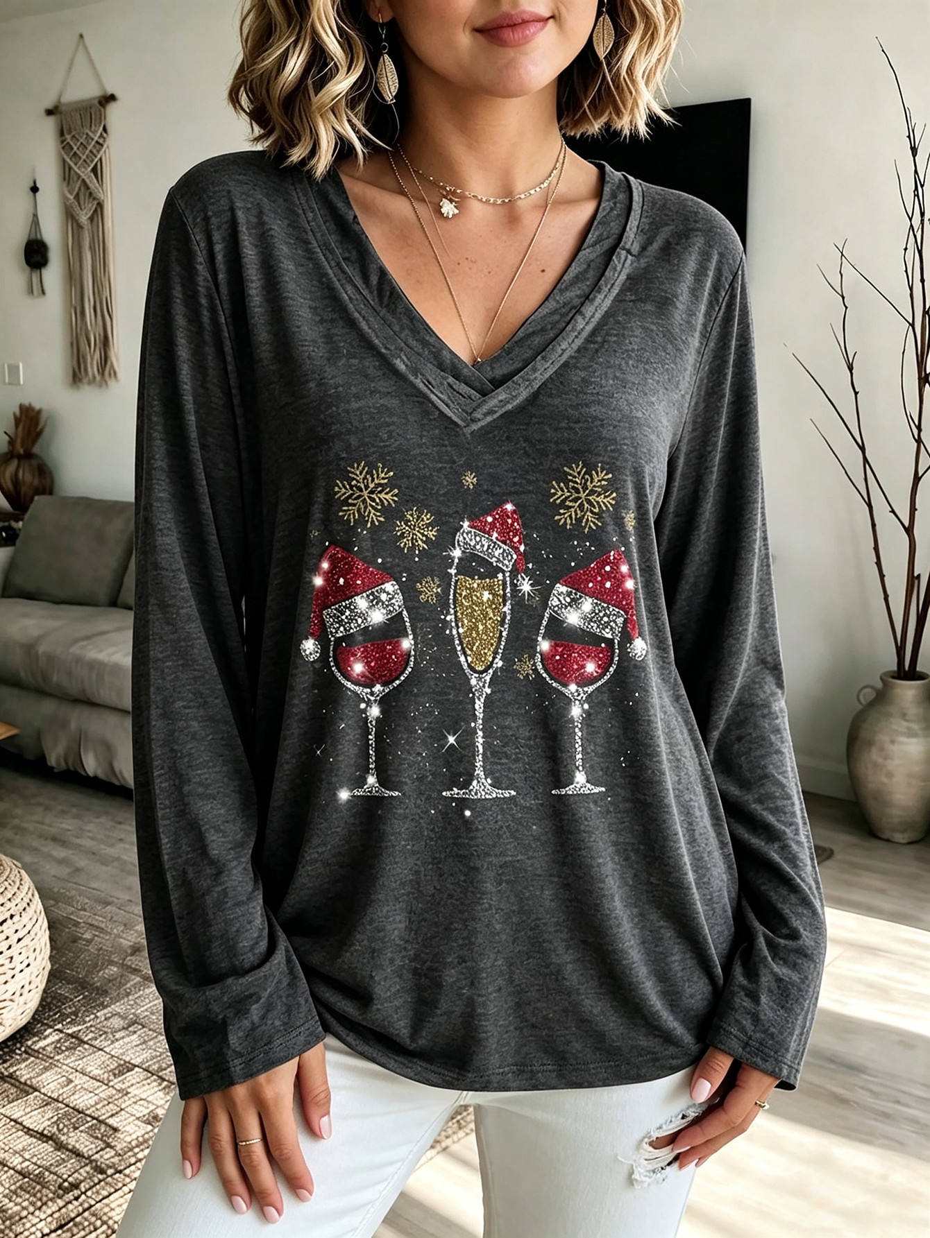 Plus Size Women Christmas Wine Glass Print Tunic Top V Neck Layered Long Sleeve T-Shirt