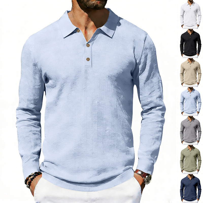 Spring And Autumn Linen Polo Long-Sleeve Multi-Color Classic Quick-Dry Breathable…