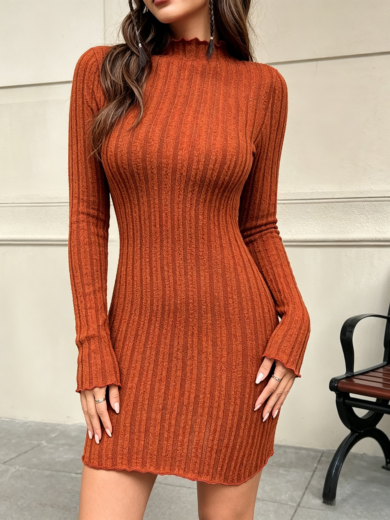 Women's Knit Long Sleeve Sweater Dress Lettuce Trim Mock Neck Tunic Dress