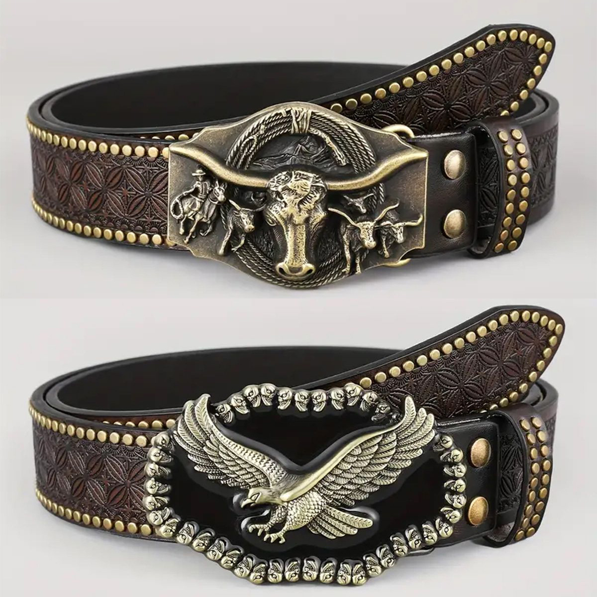 Western Cowboy Belt, Youth Punk Embossed Men's Studded Leather Belt, In-Stock Ethnic…