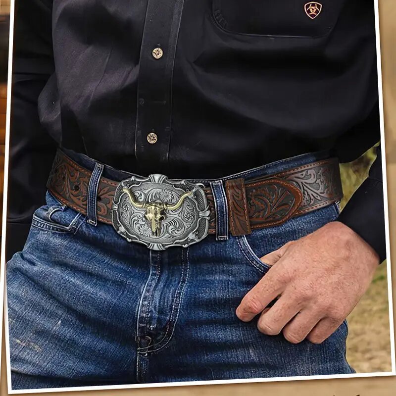 Western Cowboy Retro Bull Head Men's Belt Embossed American Trendy Jeans Belt Factory…