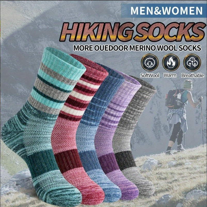 Mens Chunky Yarn Retro Striped Sweat-wicking Breathable Mid-calf Athletic Socks