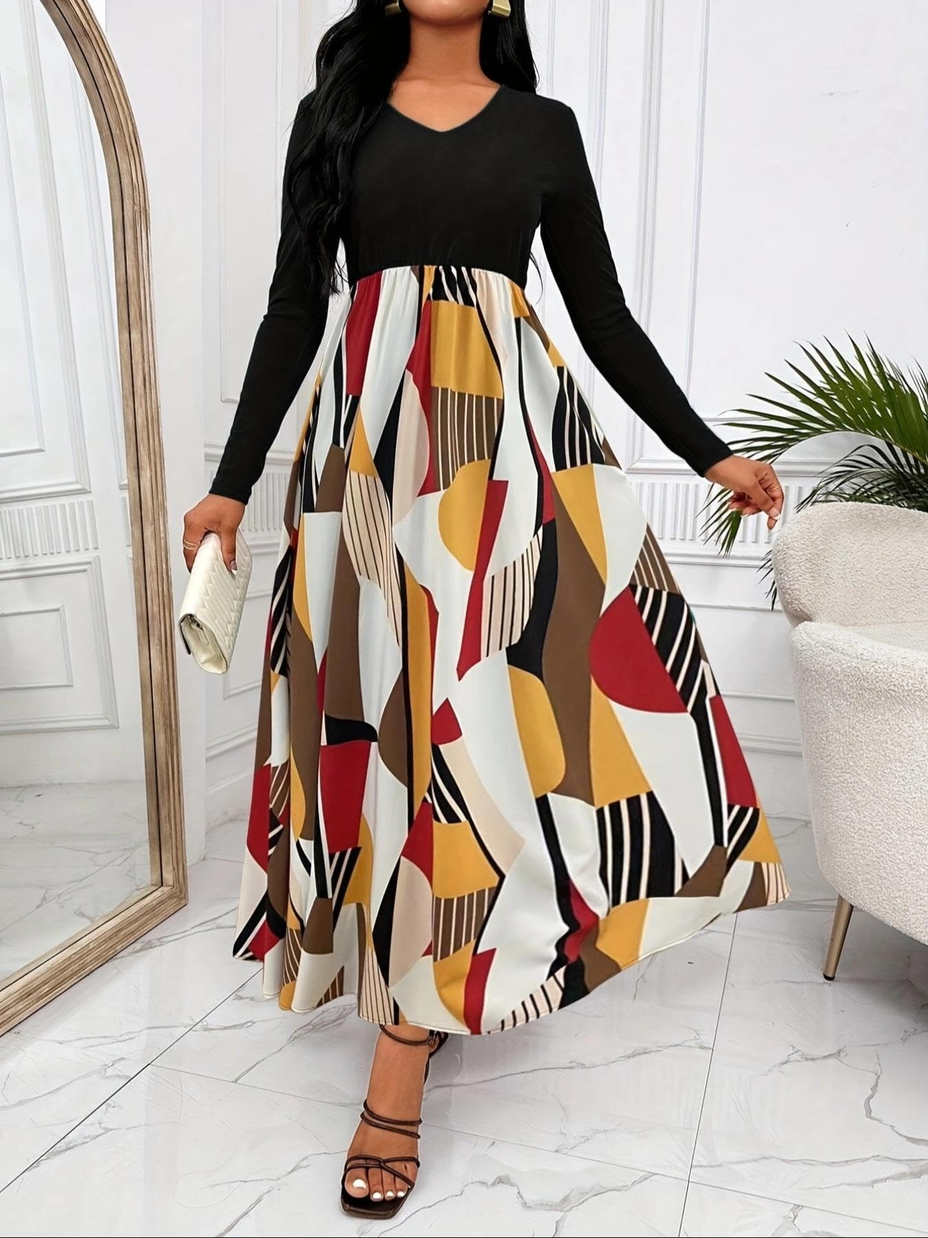 Women V Neck Long Sleeve Midi Dress Color Block Geometric Print Flowy A Line Dress For…