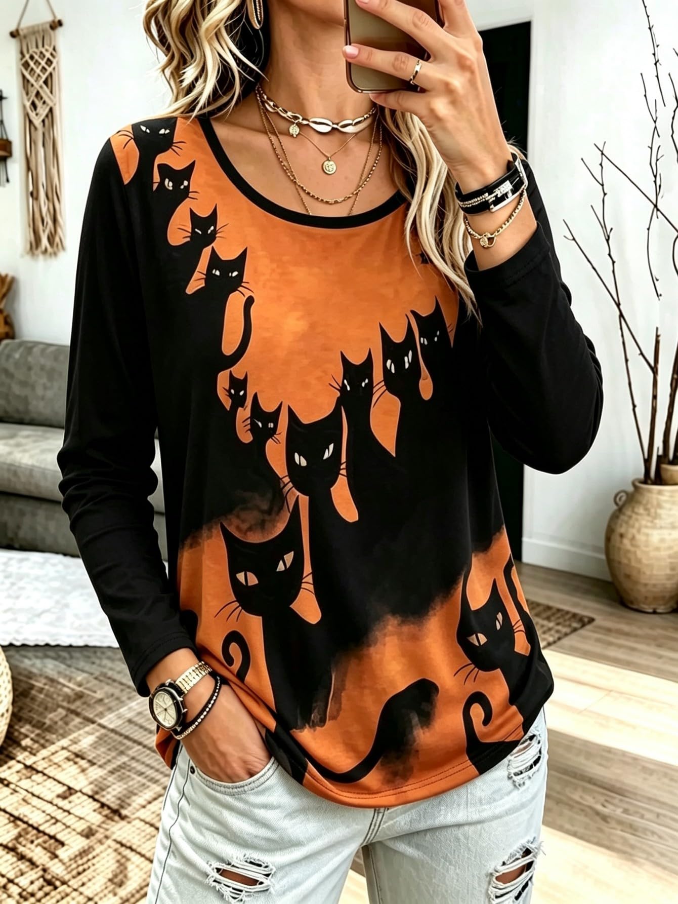 Women Halloween Black Cat Print Long Sleeve T Shirt Scoop Neck Casual Fall Tee Top For…