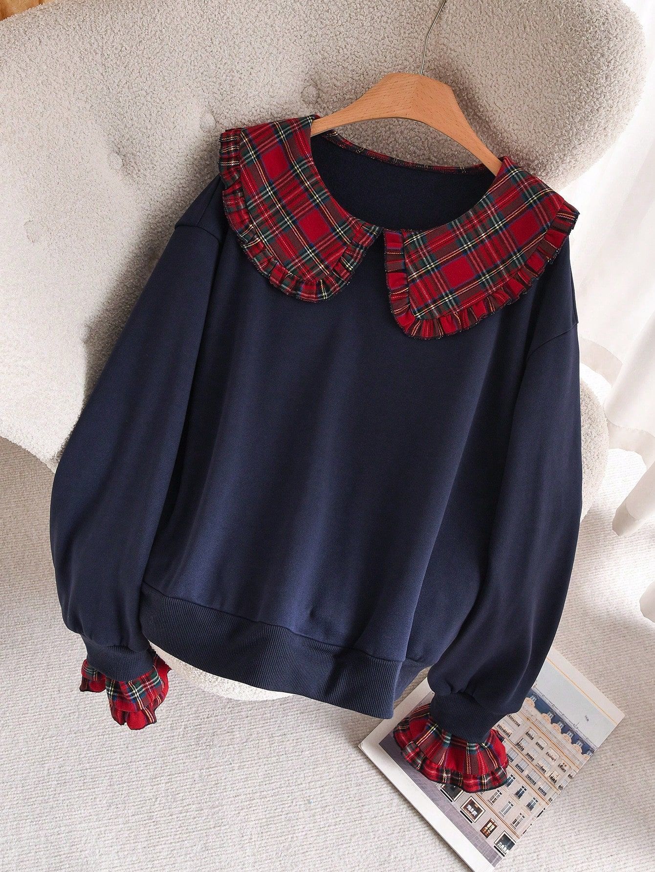 European And American , New Autumn Women's Clothing, Plaid Color-blocking Lace Large…