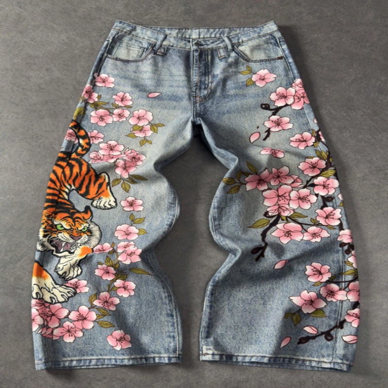 Men's Street-Style Tiger And Cherry Blossom Print Straight-Leg Denim Pants