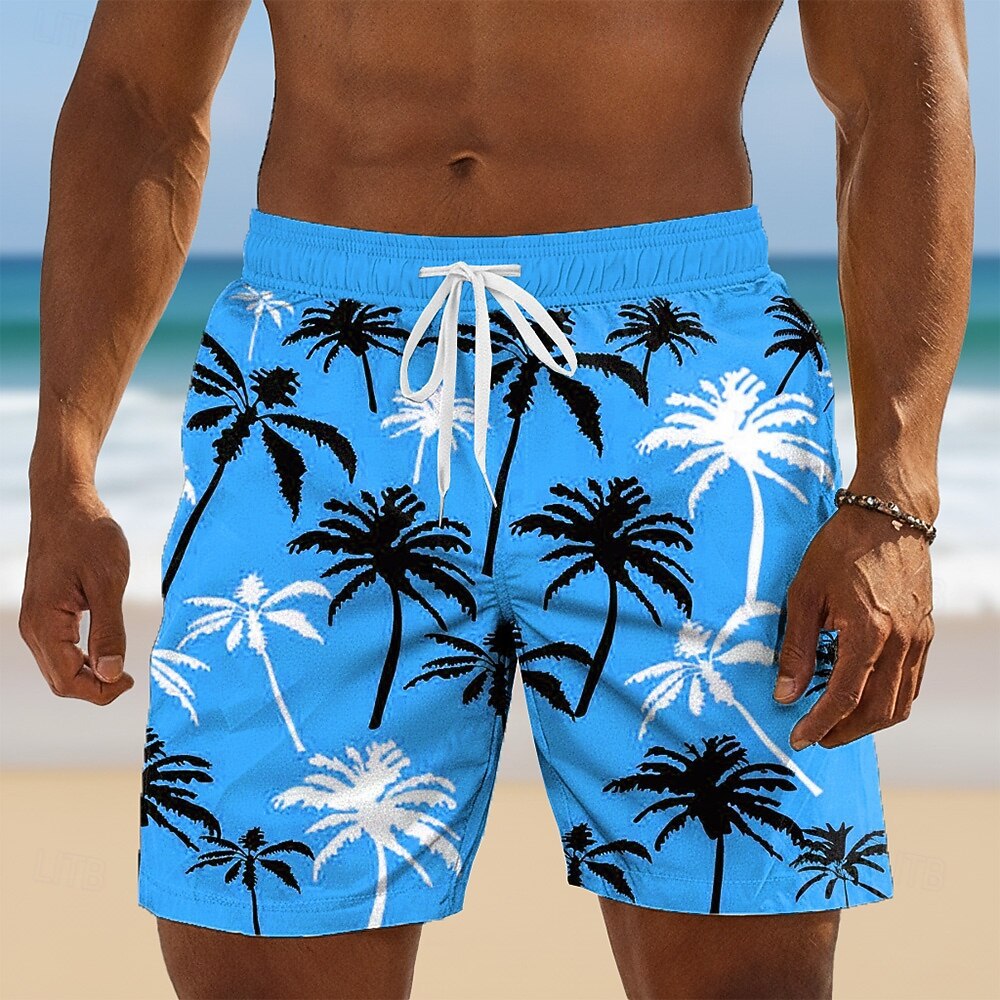 Men's Loose-fit Beach Shorts With A Coconut Tree Print And Drawstring