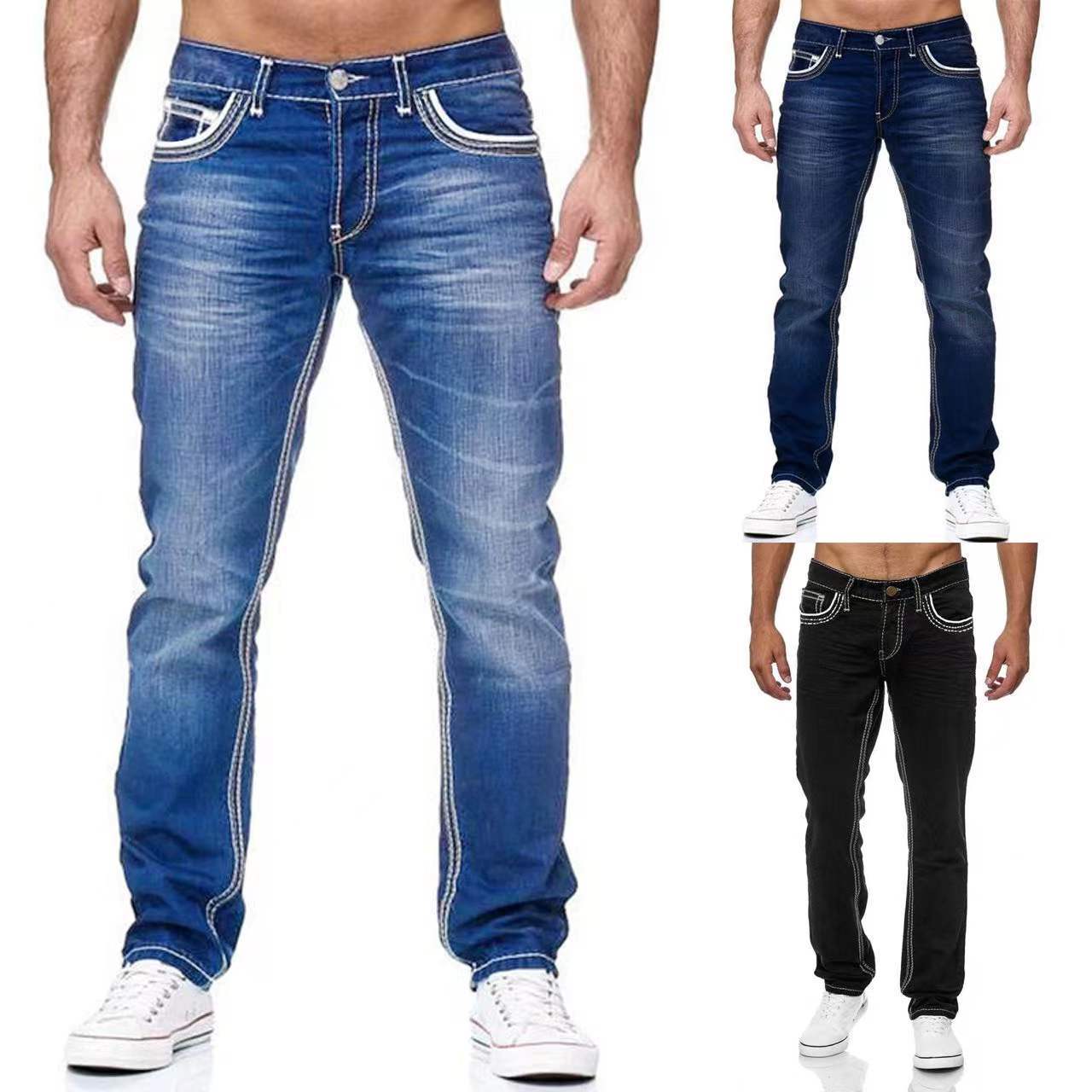 European And American Platform New Men's Double-Line Jeans High Elastic Jeans