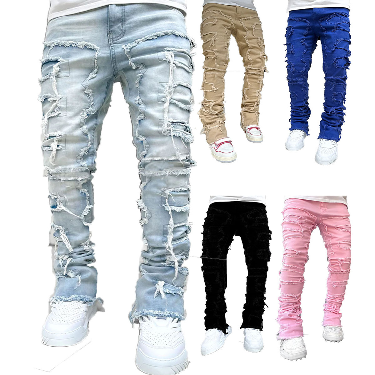 Men's Denim Straight Pants European And American Street Fashion Ins Popular Stretch Patch…
