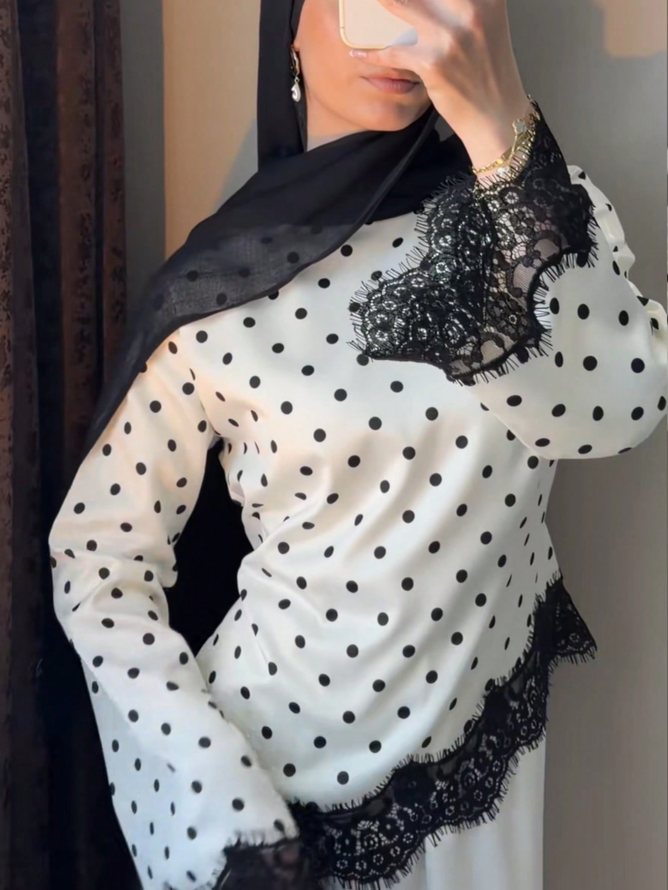 Women's Clothing Vintage Polka Dot Lace Patchwork Round Neck Loose Bell Sleeve Top Autumn…