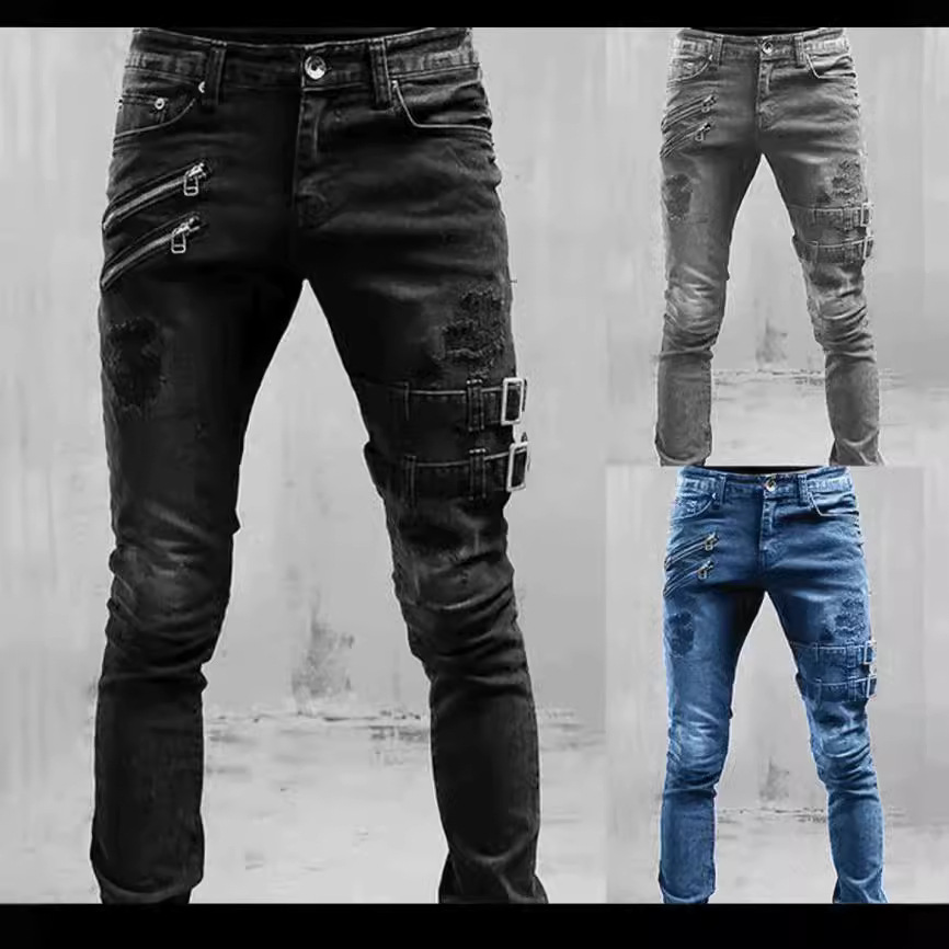 European And American New Style Motorcycle Personality Trendy Stretch Skinny Jeans