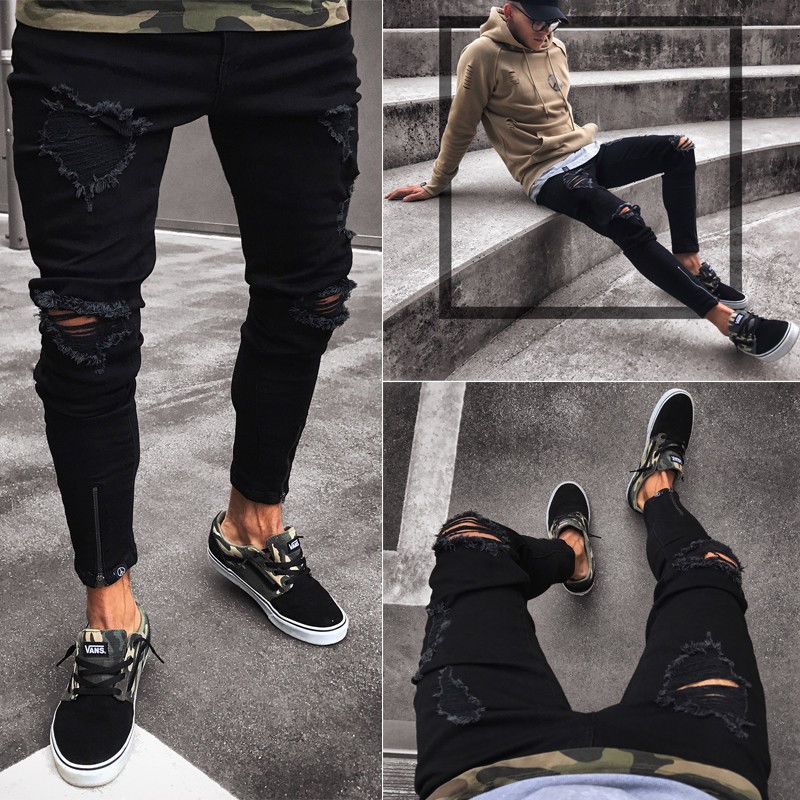 Jeans Men's New Black Ripped Stretch Zipper Men's Skinny Pants European And American…