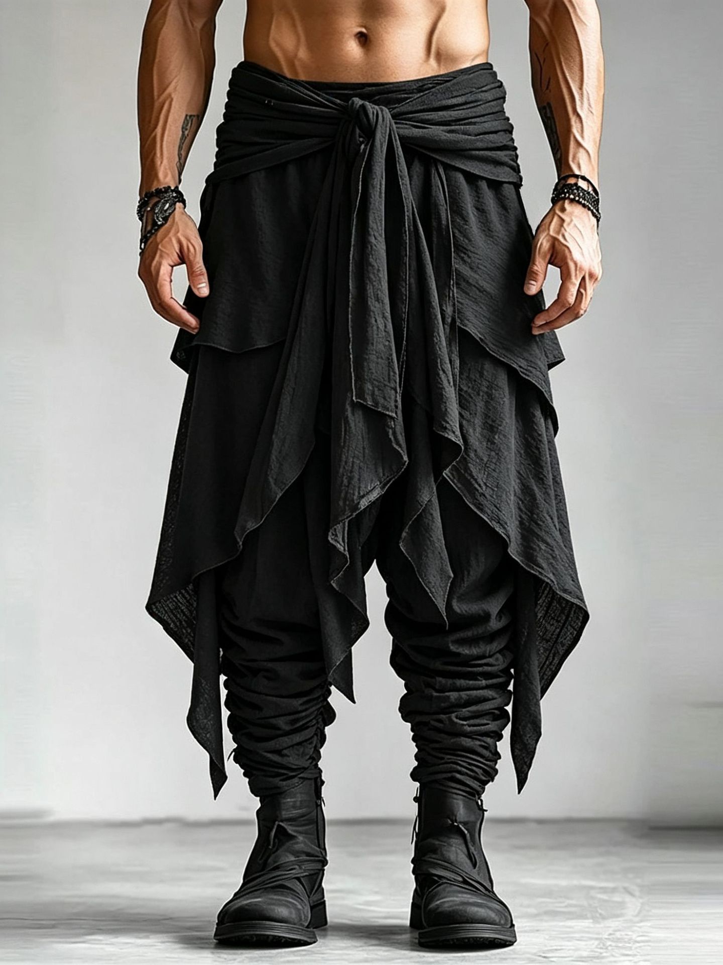 Men's European Size Knotted False Wrap Harem Pants With Waist Ties, Layered Flounce And…