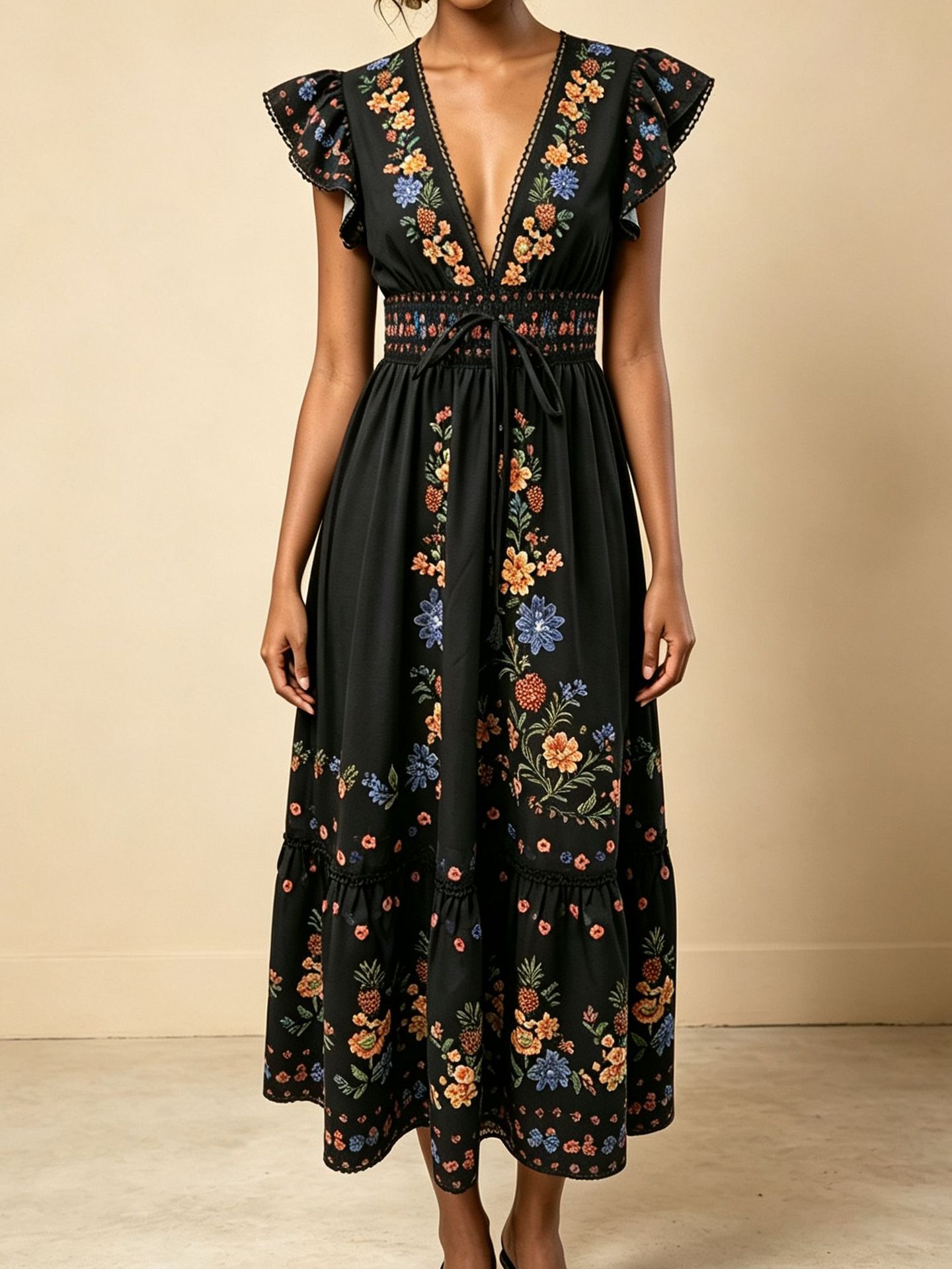 Women's Clothing Floral Dress V-Neck Small Flutter Sleeves Elastic Waist Floral Print…