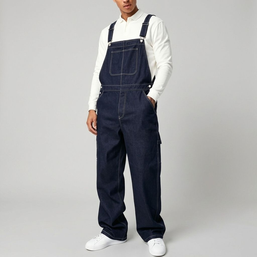 Dark Indigo Mens Denim Bib Overalls Loose Straight Leg Carpenter Workwear Dungarees US…