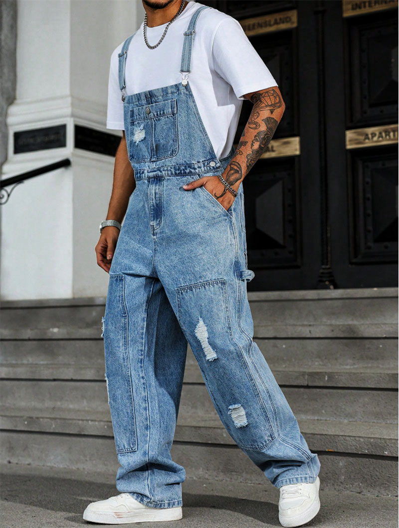 Distressed Light Blue Denim Overalls Men Ripped Loose Fit Vintage Streetwear Bib Overalls…