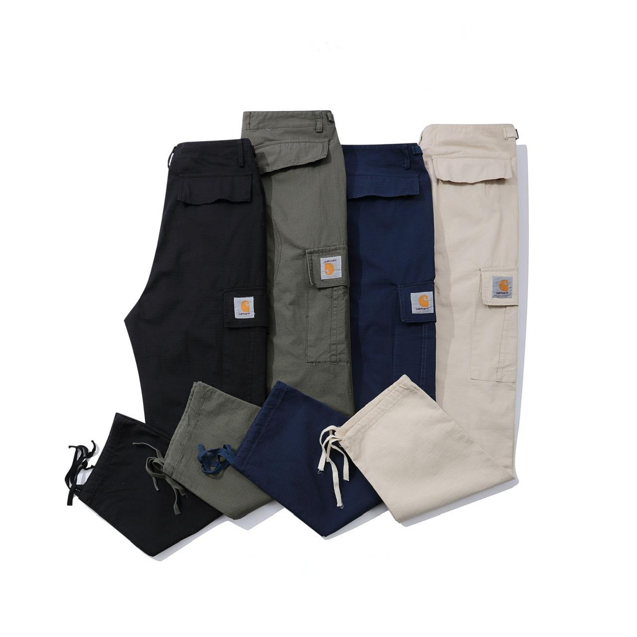 Plaid Cotton Multi-pocket Washed Casual Trousers
