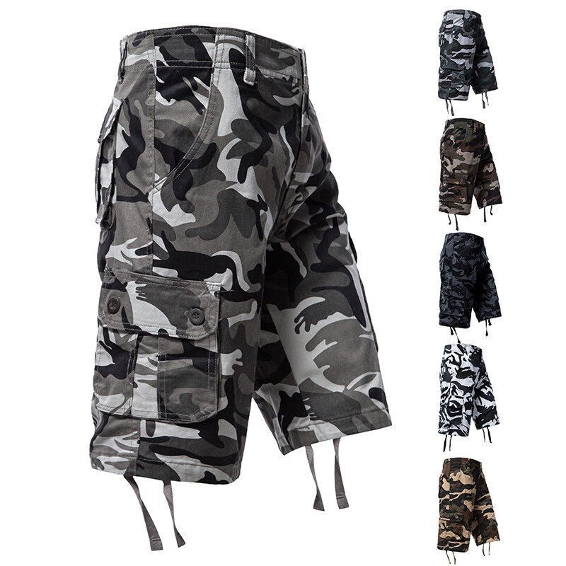 Summer Thin Washed Workwear Casual Loose-fit Camouflage Five-point Pants