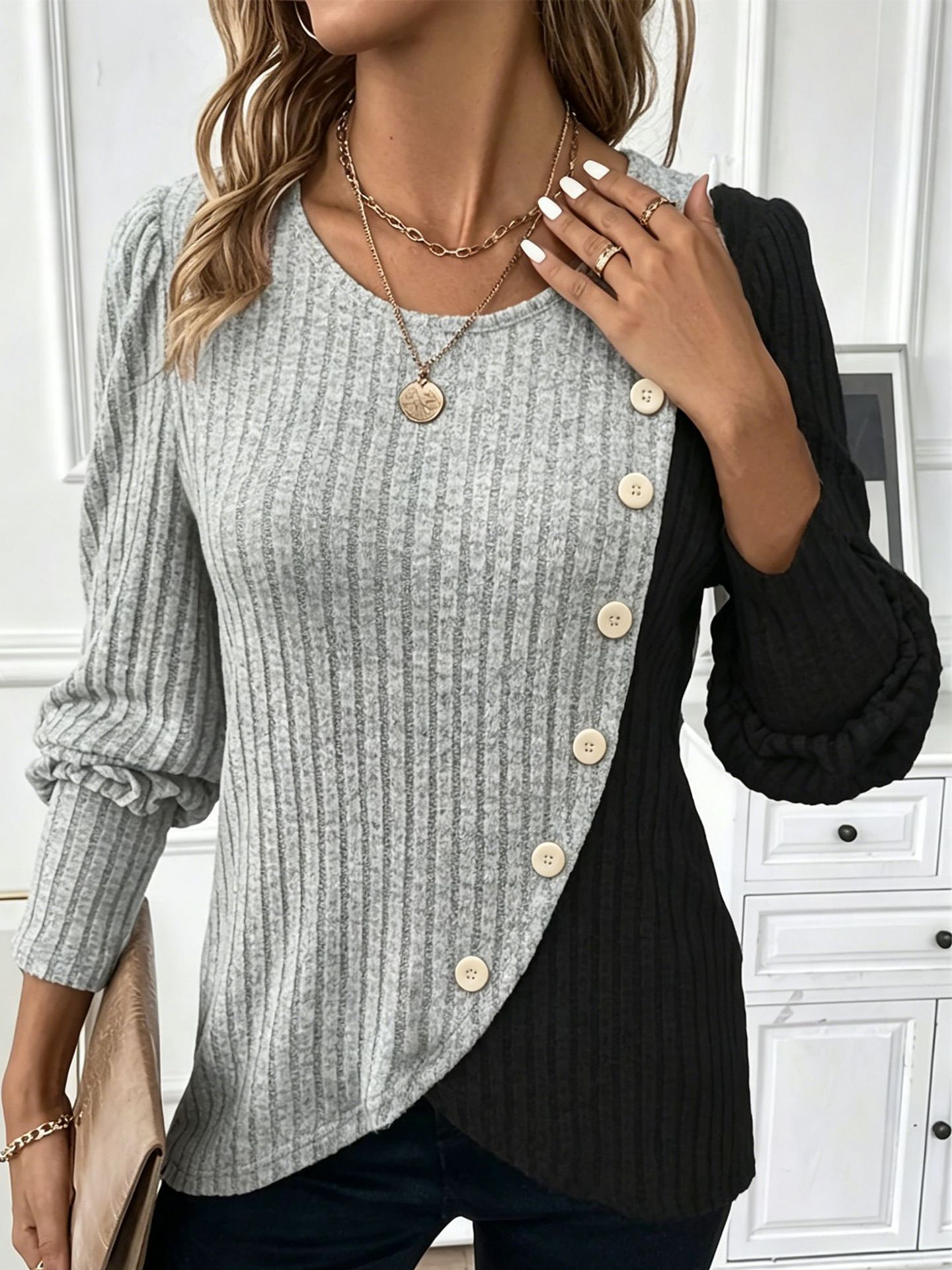 Casual Simple Versatile Color-Blocking T-Shirt Slim Fit Long-Sleeve Top In Stock Women's…