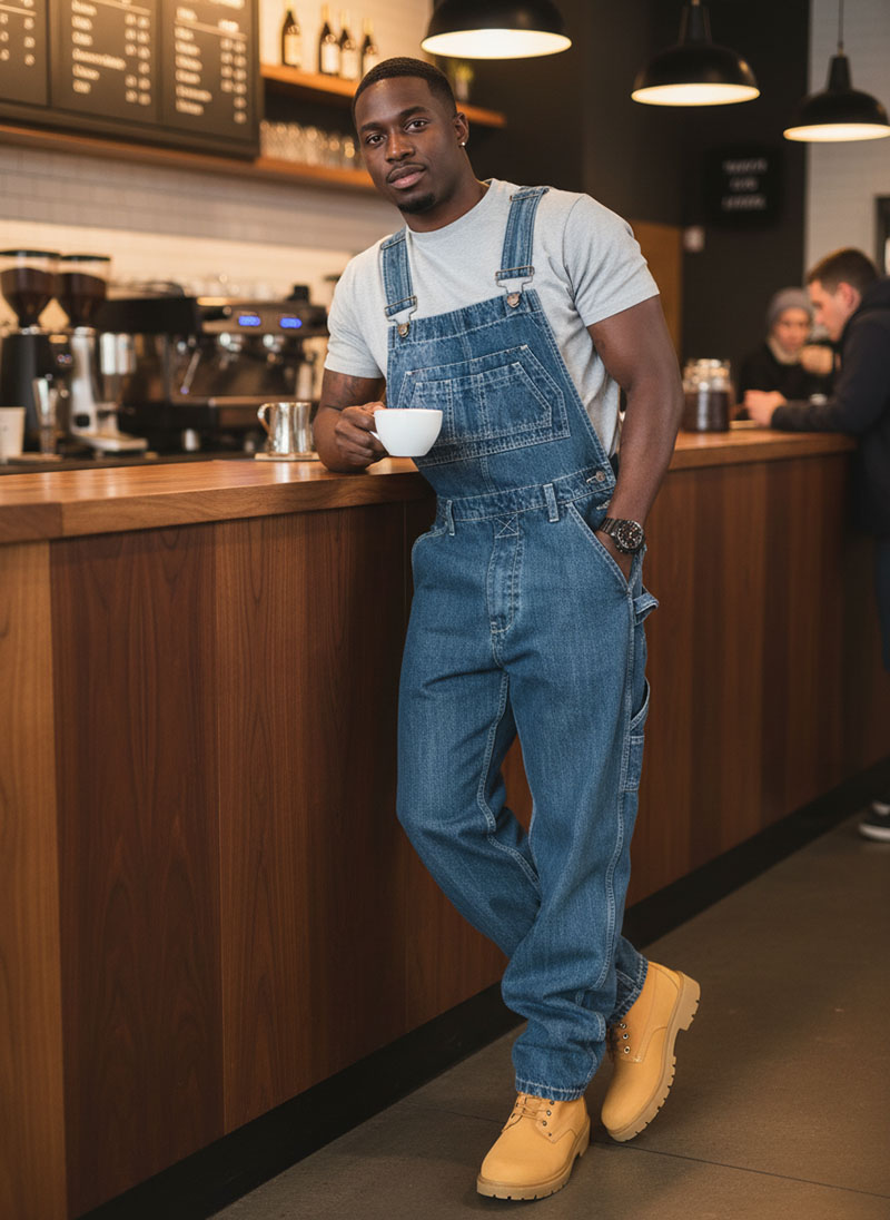 Men's Loose Fit Denim Overalls Dark Blue Carpenter Bib Pants Casual Streetwear Workwear