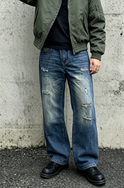 Vintage Washed Jeans Men Relaxed Fit Distressed Denim Pants Loose Streetwear Plus Size…