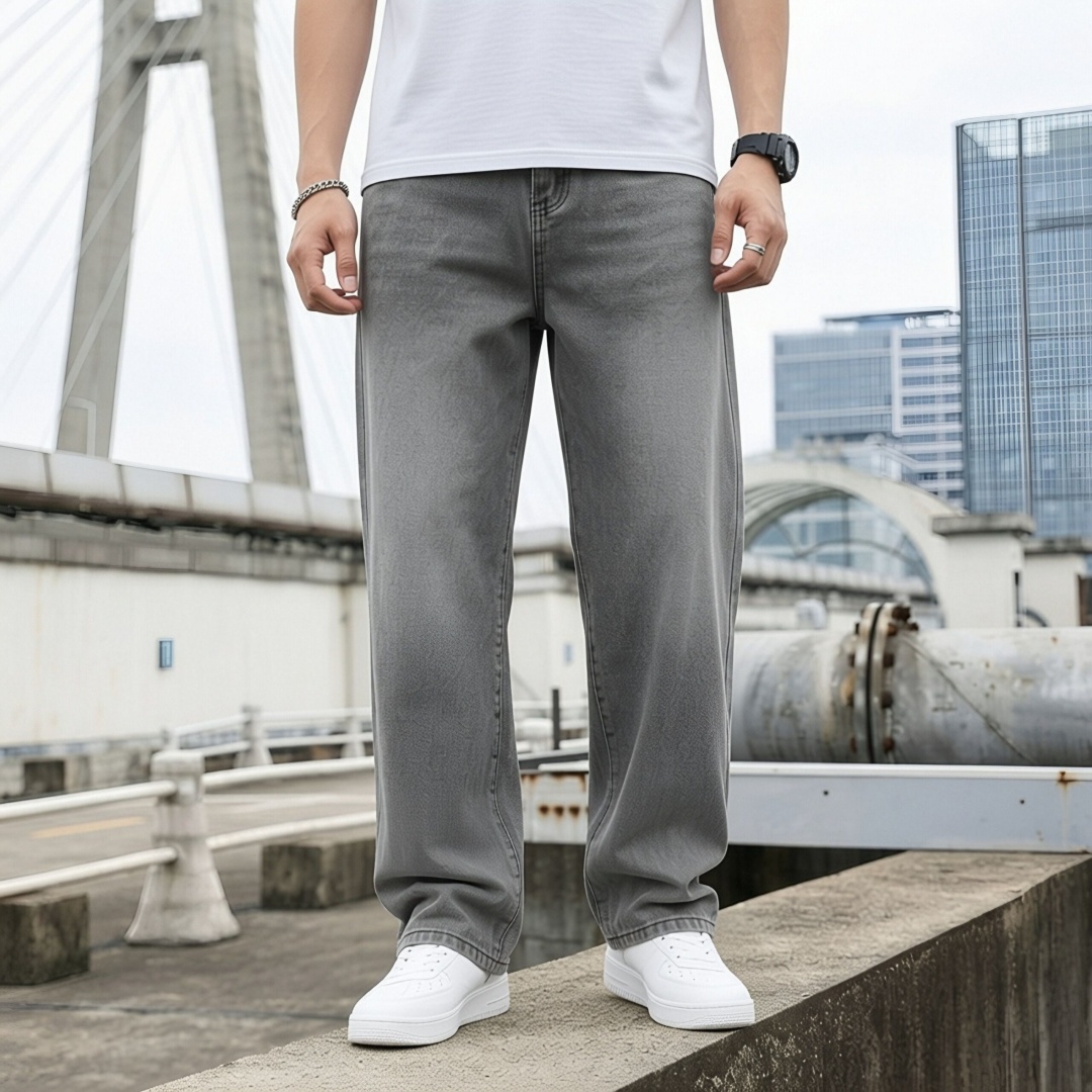 Washed Grey Jeans Men Loose Fit Denim Pants Casual Streetwear Oversized Plus Size Big…