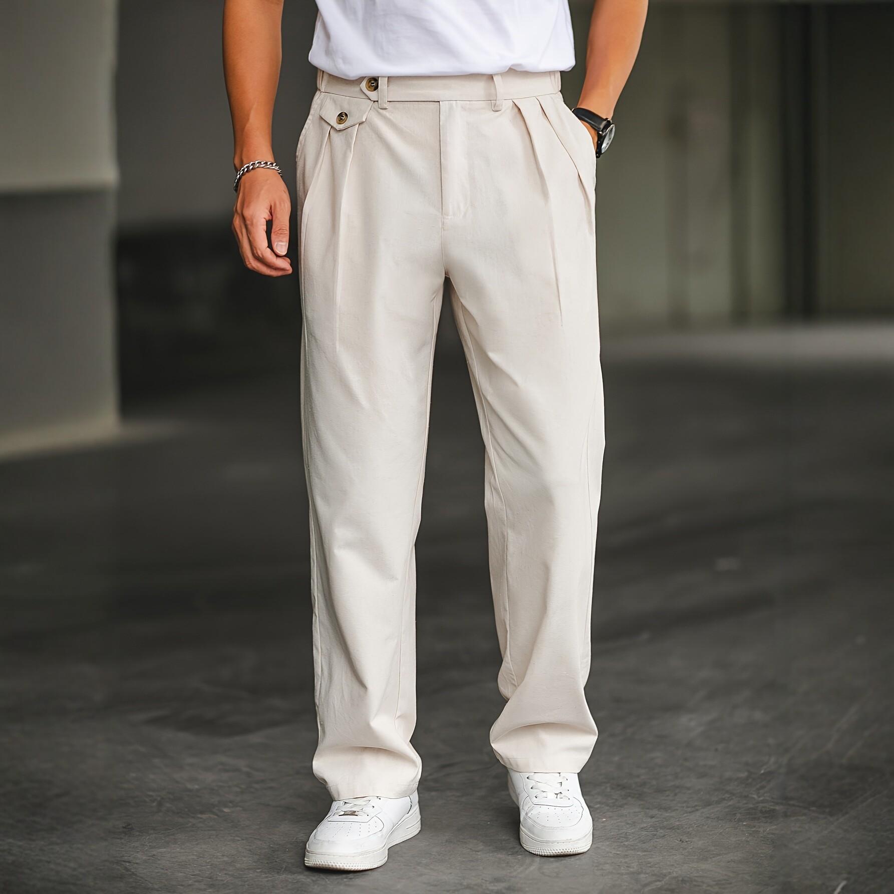 Linen-blend Relaxed-fit Straight-leg Casual Pants With Double Pleats