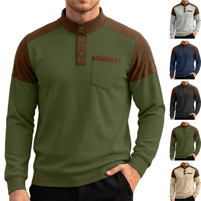 Men's Waffle Color-Blocked Raglan Sleeve Sweatshirt, Oversized Stand Collar Patch Pocket…