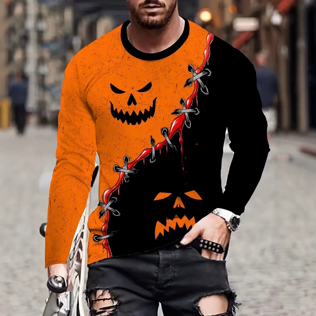 Comfortable Versatile Men's Crew Neck Long Sleeve T-shirt, 3D Printed Halloween Series…