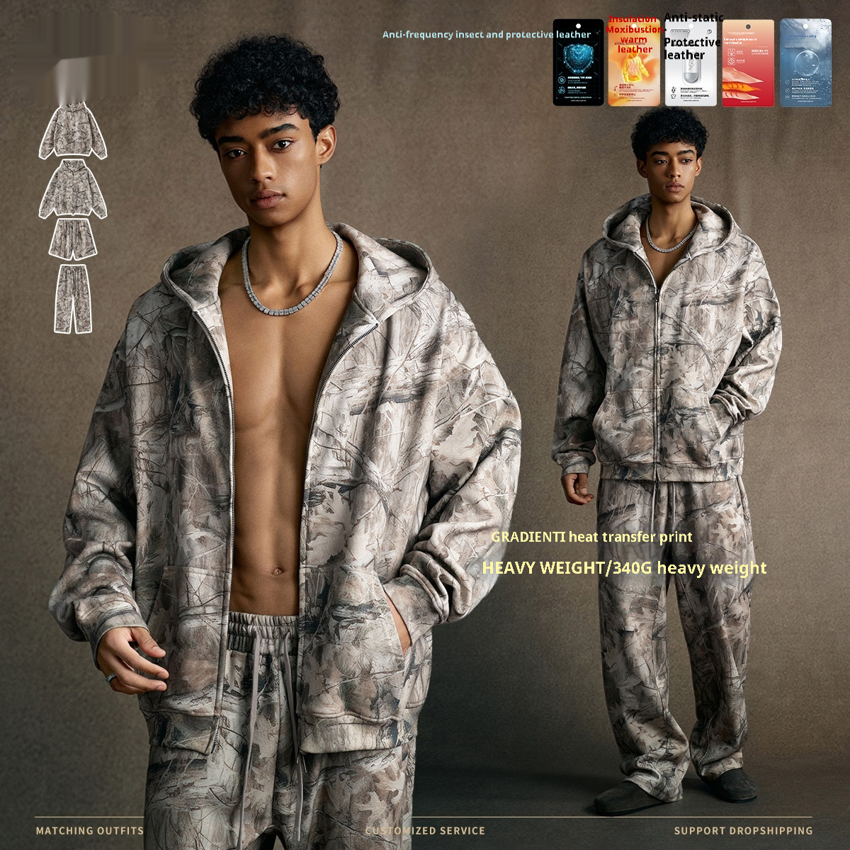 Camouflage Fleece-Lined Hoodie Sweatpants And Shorts Set