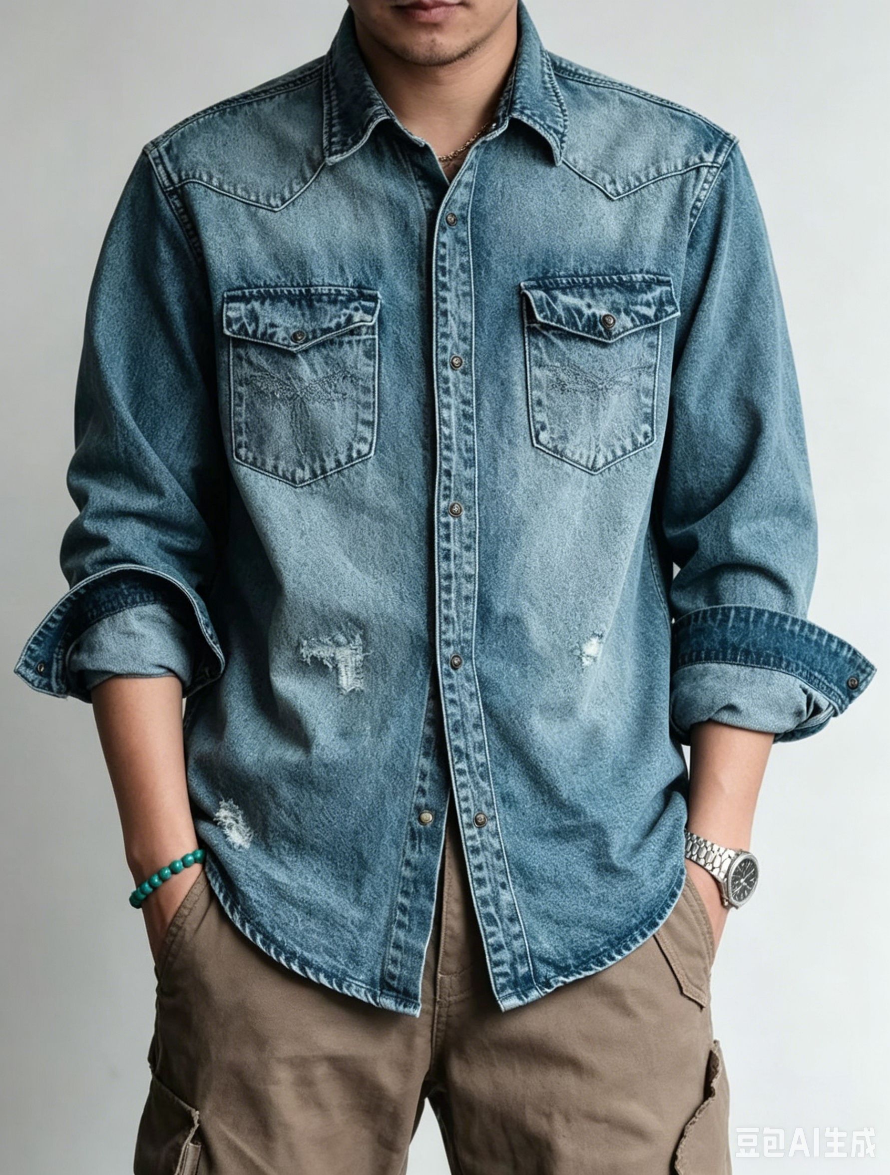 Vintage Western Denim Shirt Men Distressed Long Sleeve Washed Jean Shirt US Warehouse…