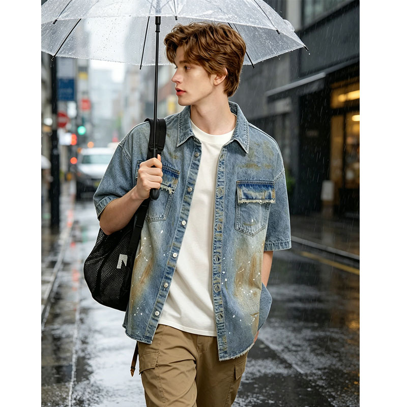 Oversized Denim Shirt Men Vintage Distressed Short Sleeve Streetwear Jean Top Ready To…