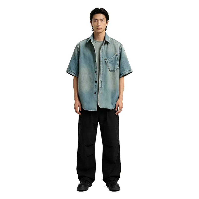 US Local Stock Men's Short Sleeve Denim Shirt Light Wash Relaxed Fit Casual Jean Overshirt