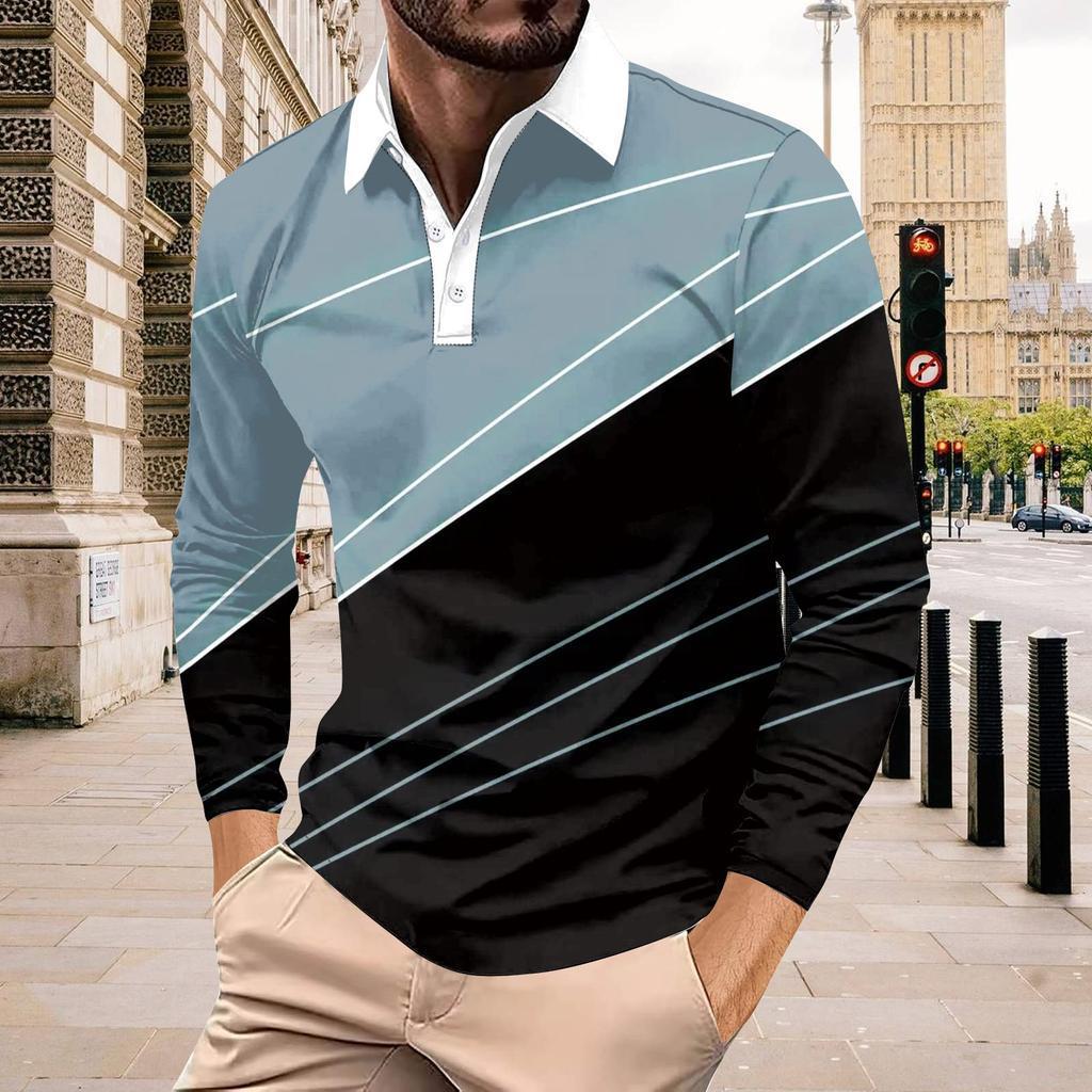 Men's Color-Block Long-Sleeved Button-Up Top