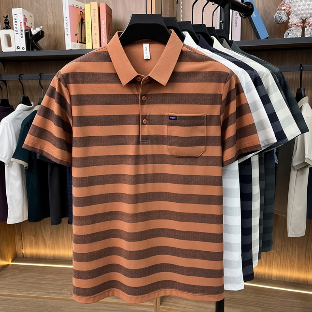 Men's Youth Striped Lapel Pocket Fashion Short Sleeve T-shirt