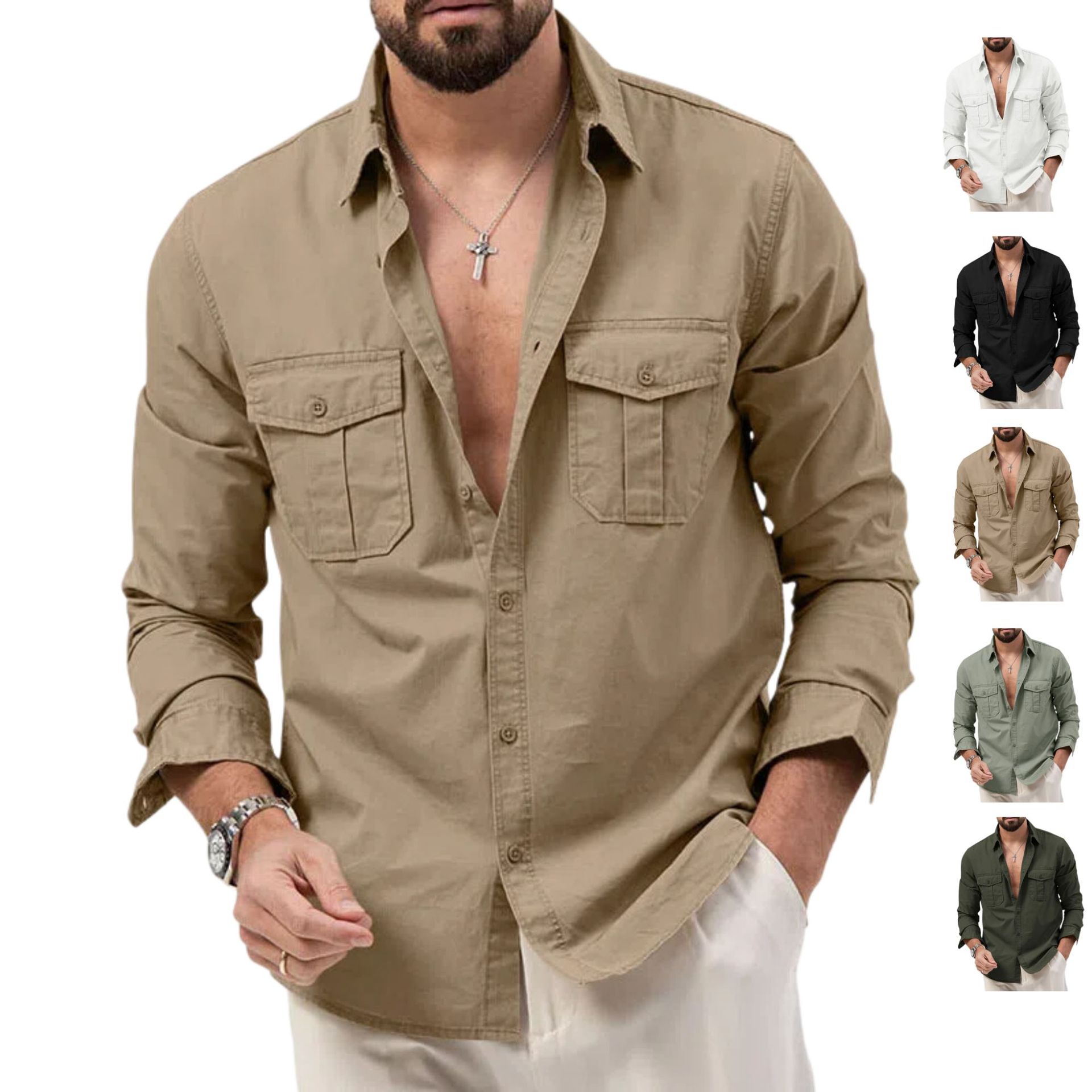 European And American Men's Spring And Autumn Shirts With Multiple Pockets Casual…
