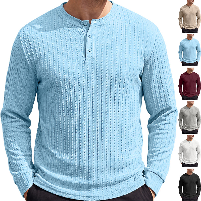 European And American Heavyweight Men's Henry Shirt, Vintage Stretch Textured Casual…
