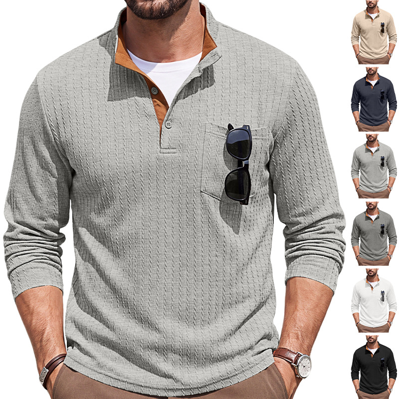 Men's Clothing American-style Textured Jacquard Henley Collar Top POLO Shirt Spring And…