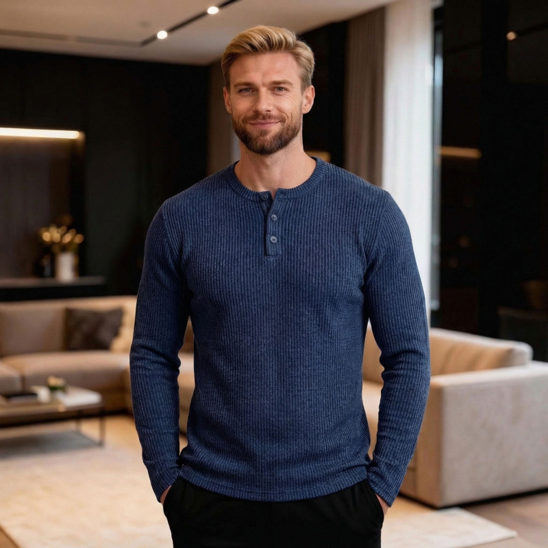 Three-dimensional Mens Long-sleeve Henley T-shirt