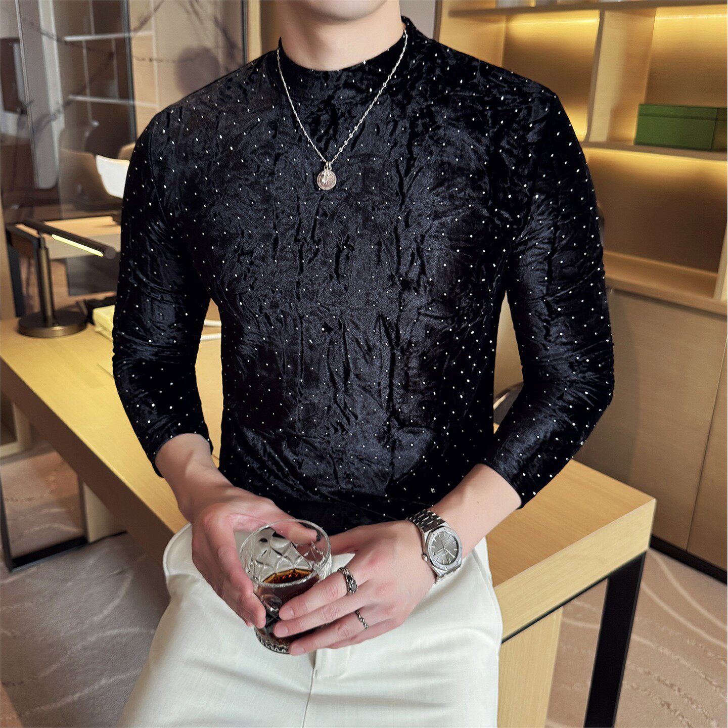 Velvet Starry Pattern Half-High Collar T-Shirt