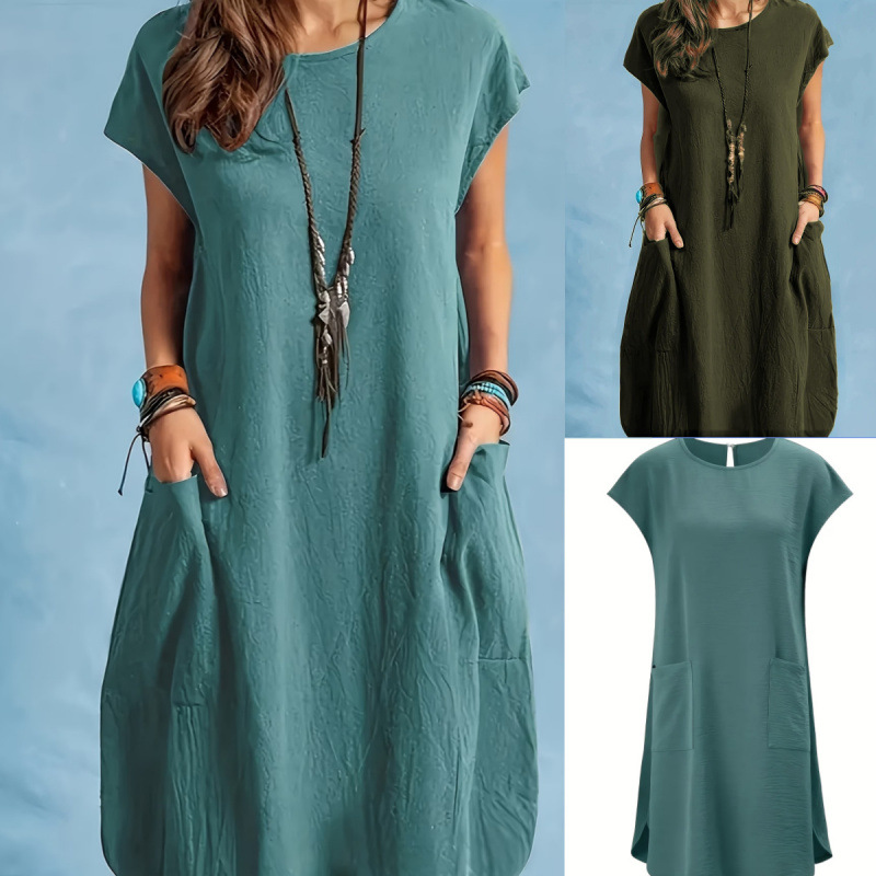 Casual Loose-fit Solid-color Round-neck Short-sleeve Ice-silk Pleated Dress