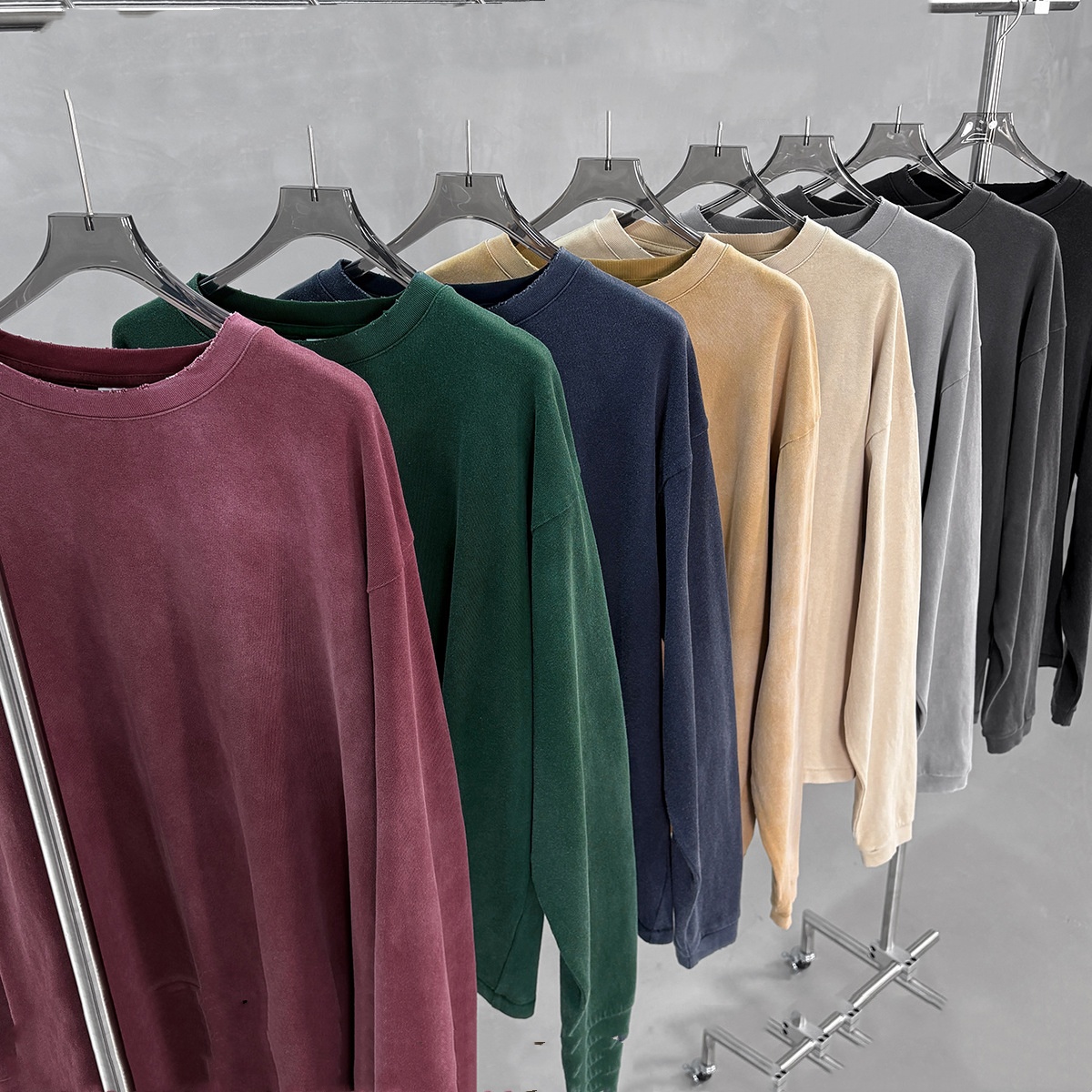 Mens Fallwinter Long-sleeve Pure Cotton Vintage Washed Loose-fit Drop-shoulder Top