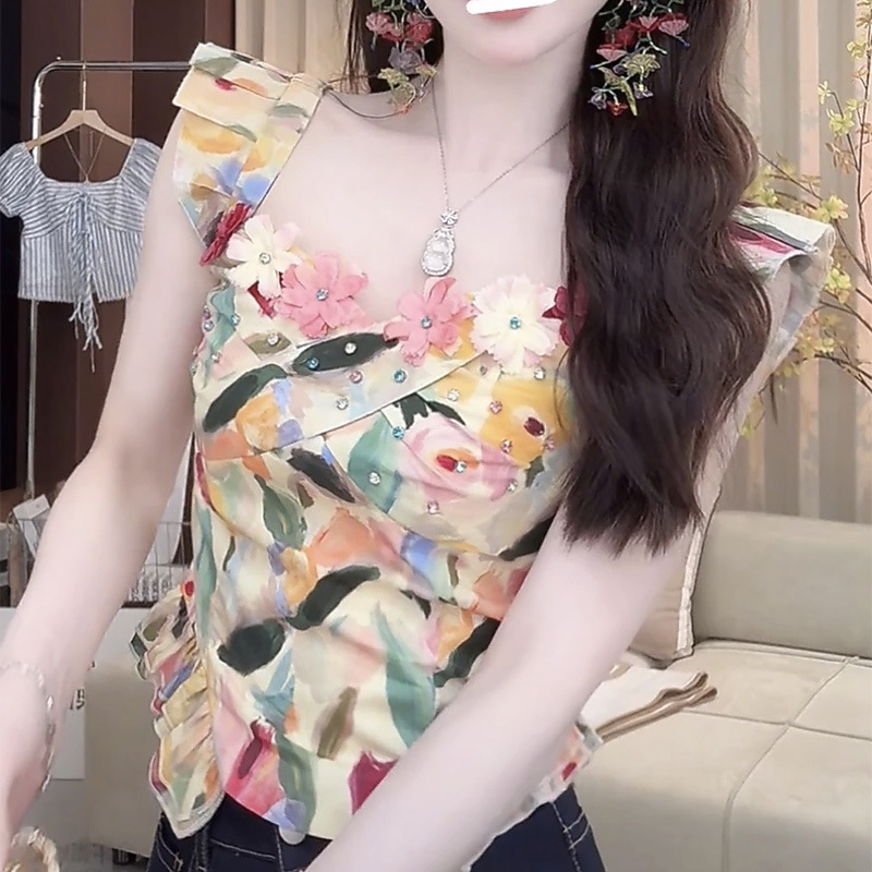 Flowery Maze Oil Painting Heavy-Duty Rhinestone Flower Top